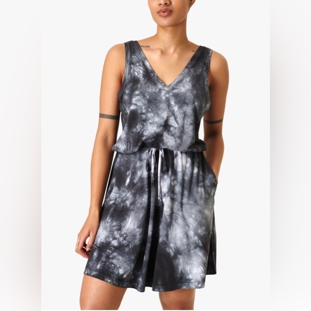 Sweaty Betty Take It Easy Black Tie-Dye Draw-String Waist Dress Size Small